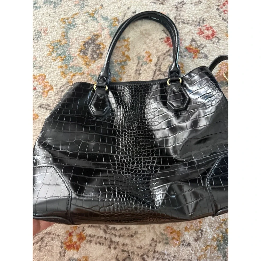 Nine West Black‎ Croc Embossed Satchel Handbag Crossbody Gold Hardware Womens